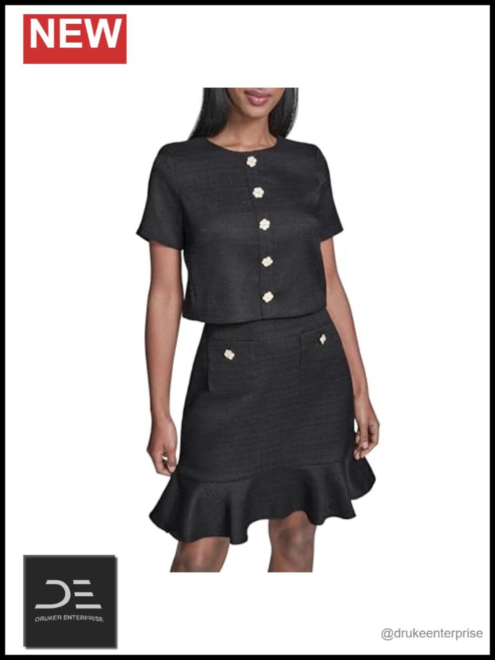 Short Sleeve Crew Neck Faux Tweed A-Line Dress